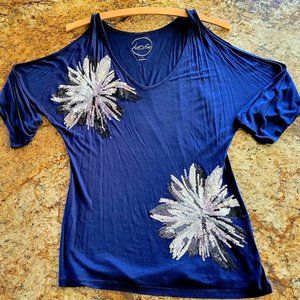INC Navy and Sequin Flower Burst top
